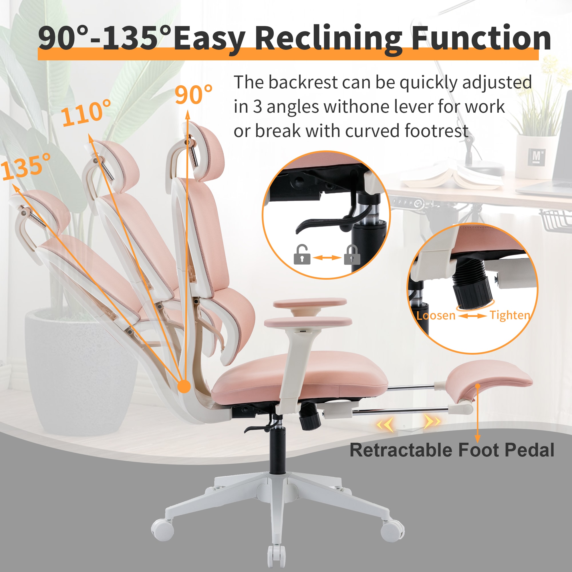 Multi-functional Ergonomic Mesh Office Chair With Adjustable Armrest,Footrest,Lumbar Support, 360° Silent Wheels,Headrest For Home & Office,Pink_voghion.com